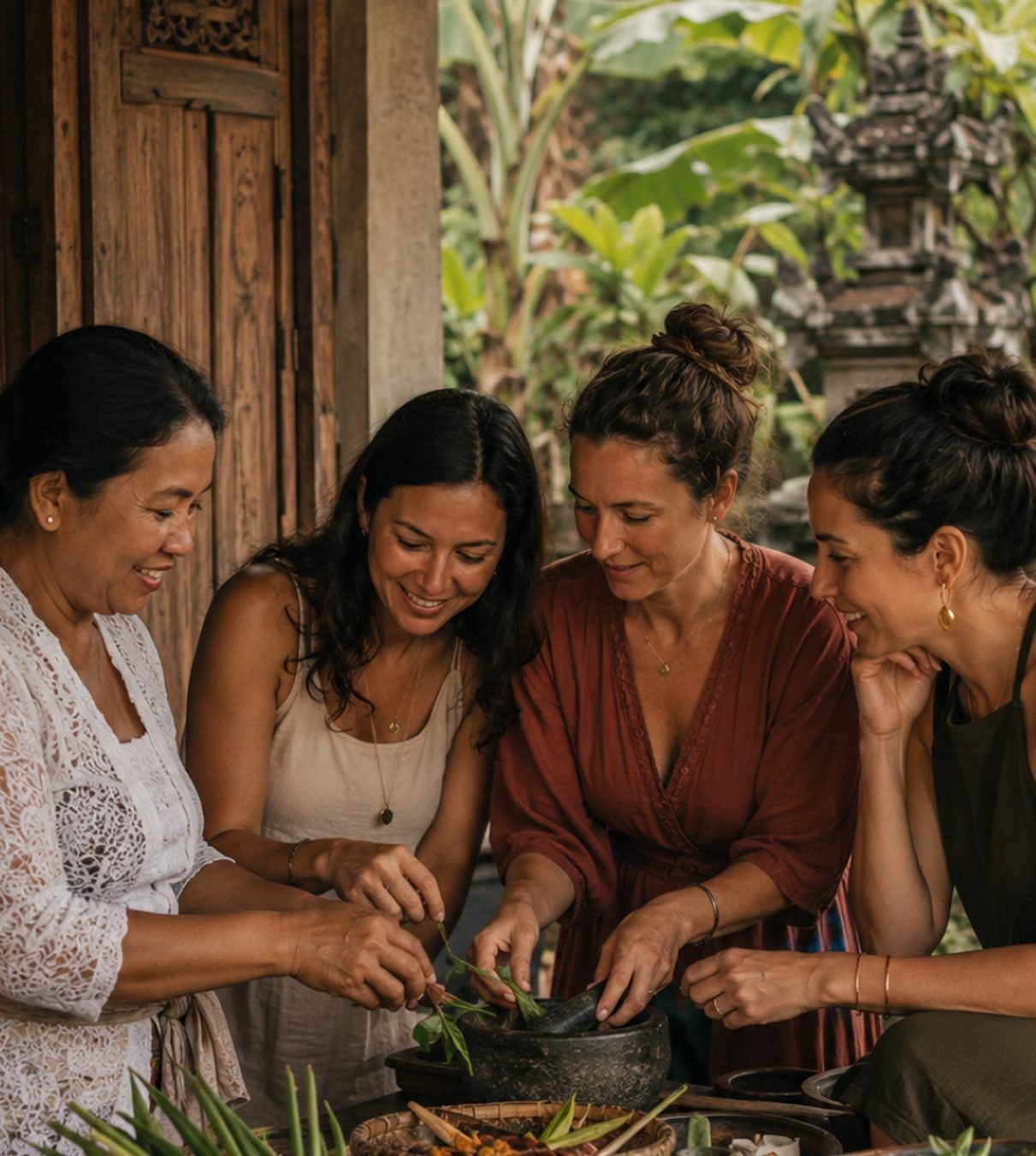 Mulheres preparando comida balinesa juntas, entre folhas e temperos