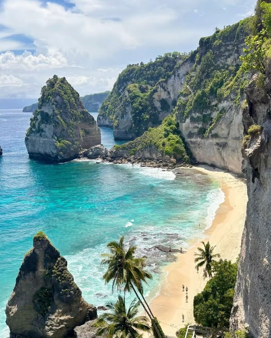 Kelingking Beach vista do mirante, com águas turquesa e coqueiros, Nusa Penida